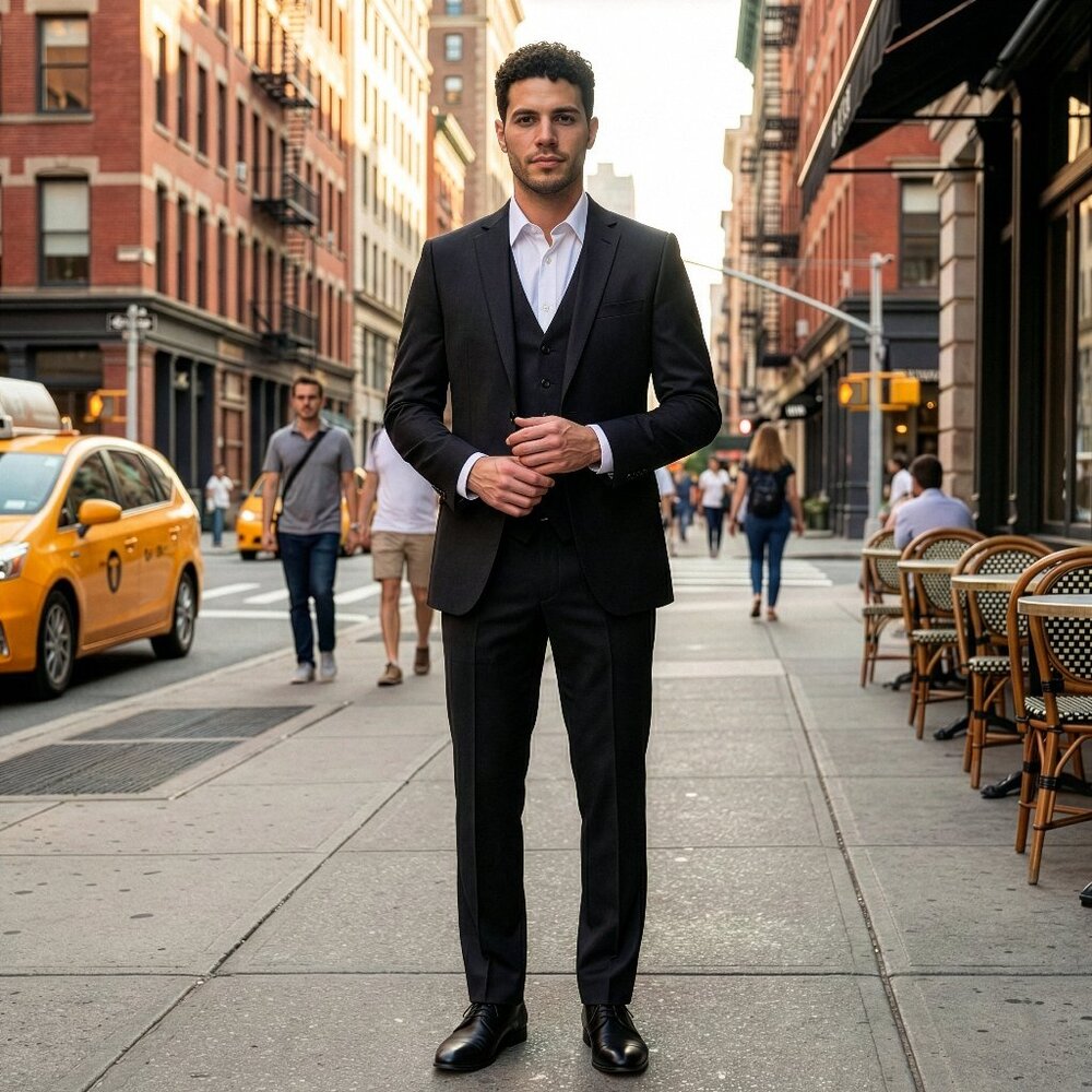 New 2026 Mens 3pc Sharkskin Black Suit Set, Slim Fit